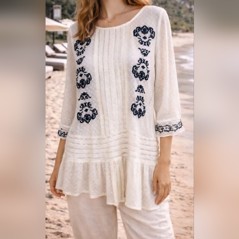 Free People Creamy White Lacey Sheer Tunic Top With Blue Embroidered Accents - Picture 13 of 13